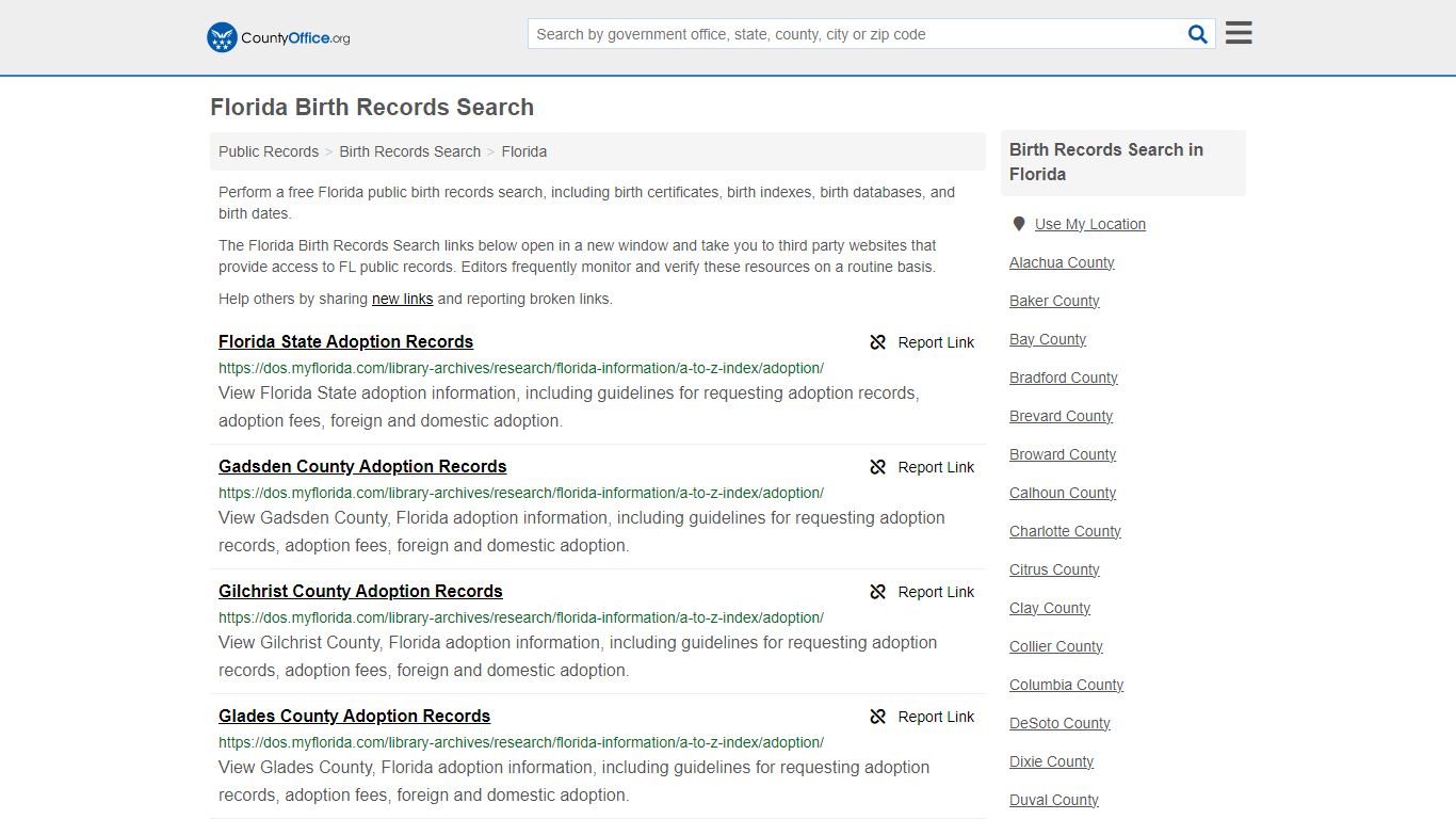 Florida Birth Records Search - County Office